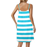 blue white striped 1A Drawstring Neck Sleeveless Dress (Model D68) - Objet D'Art