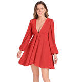 Red Lantern Sleeve Deep V-Neck Short Dress - Objet D'Art