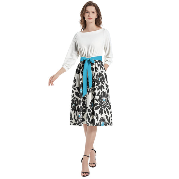 Boat Neck Belted Flared Dress - Objet D'Art