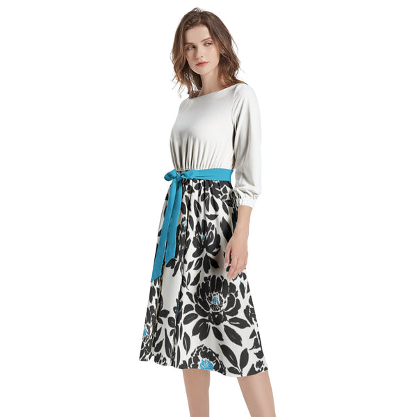 Boat Neck Belted Flared Dress - Objet D'Art