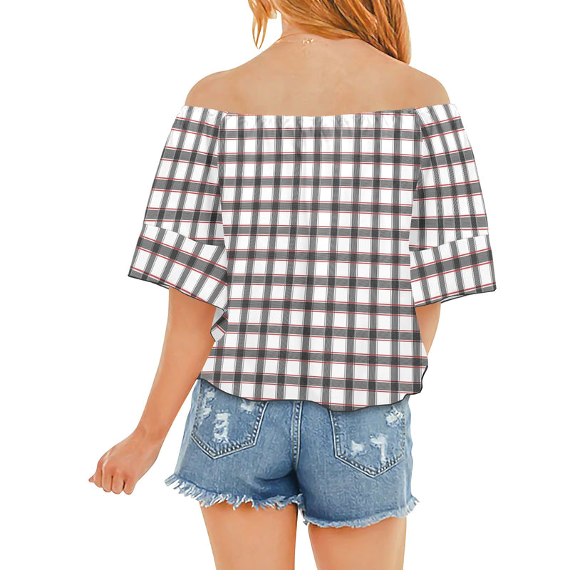 grid red gray print 2 Off Shoulder Knot Front Blouse (Model T71) - Objet D'Art