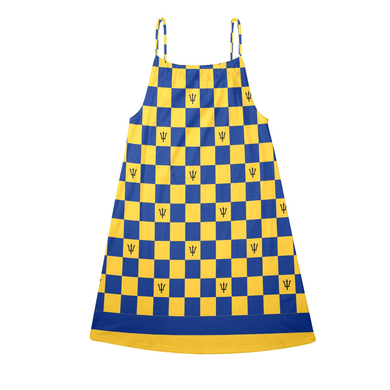 barbados striped checkered trident Drawstring Neck Sleeveless Dress (Model D68) - Objet D'Art