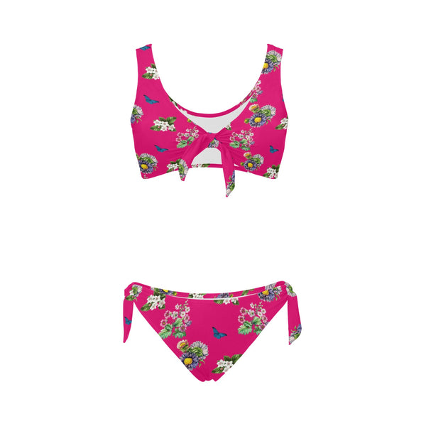 pink floral butterfly print Bow Tie Front Bikini Swimsuit (Model S38) - Objet D'Art