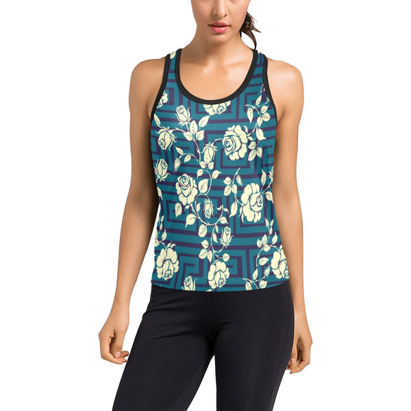 beige green greek key 2A print Women's Racerback Tank Top (Model T60) - Objet D'Art