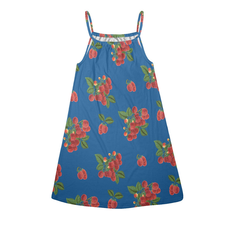 raspberry on blue Drawstring Neck Sleeveless Dress (Model D68)