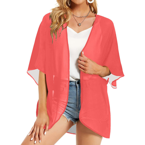 dark salmon print 2 Women's Kimono Chiffon Cover Up (Model H51) - Objet D'Art