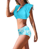 greek roses in blue print Women's Ruffle Sleeve Bikini Swimsuit (Model S42) - Objet D'Art