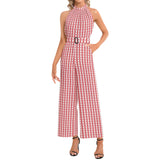 Red Striped Halter Neck Buckle Belted Jumpsuit - Objet D'Art
