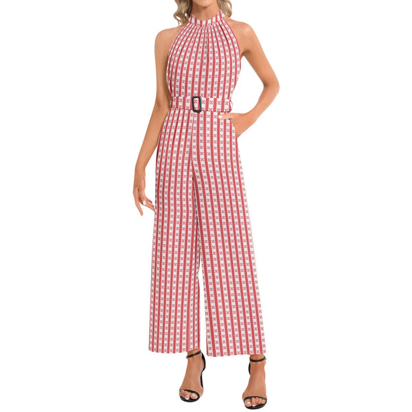 Red Striped Halter Neck Buckle Belted Jumpsuit - Objet D'Art