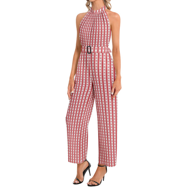 Red Striped Halter Neck Buckle Belted Jumpsuit - Objet D'Art