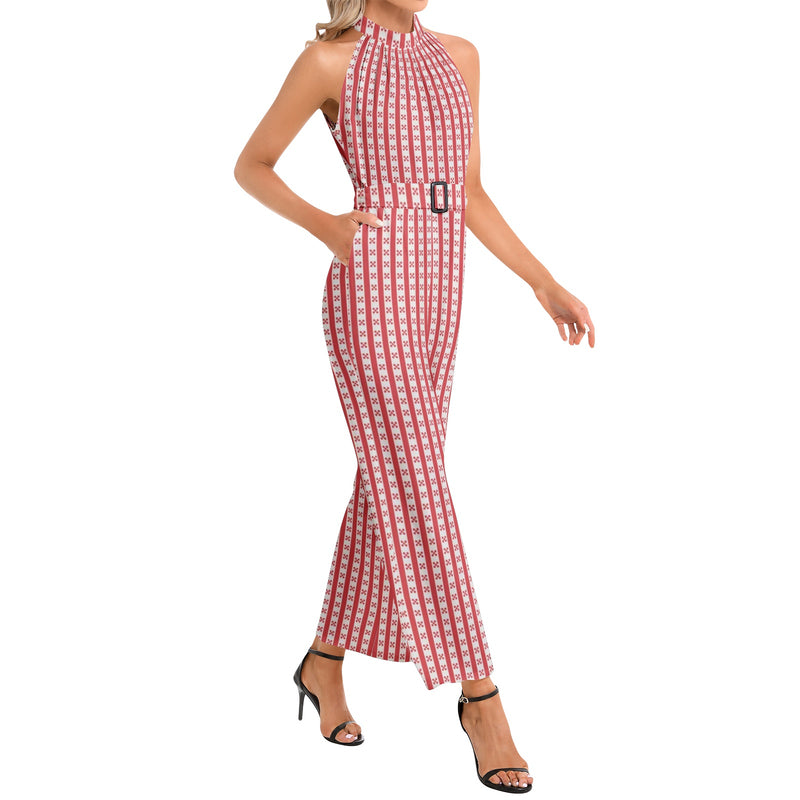Red Striped Halter Neck Buckle Belted Jumpsuit - Objet D'Art