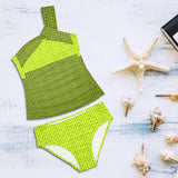neon and dark green greek key print Women's One Shoulder Backless Swimsuit (Model S44) - Objet D'Art