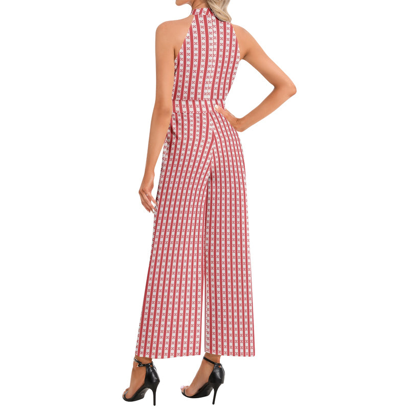 Red Striped Halter Neck Buckle Belted Jumpsuit - Objet D'Art
