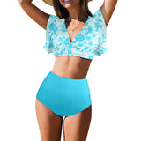 light blue bikini bottom print solid Women's Ruffle Sleeve Bikini Swimsuit (Model S42) - Objet D'Art