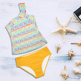 saffron print solid 2 Women's One Shoulder Backless Swimsuit (Model S44) - Objet D'Art