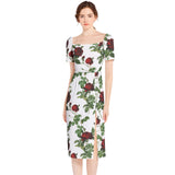 Rose Print Split Thigh Midi Bodycon Dress - Objet D'Art