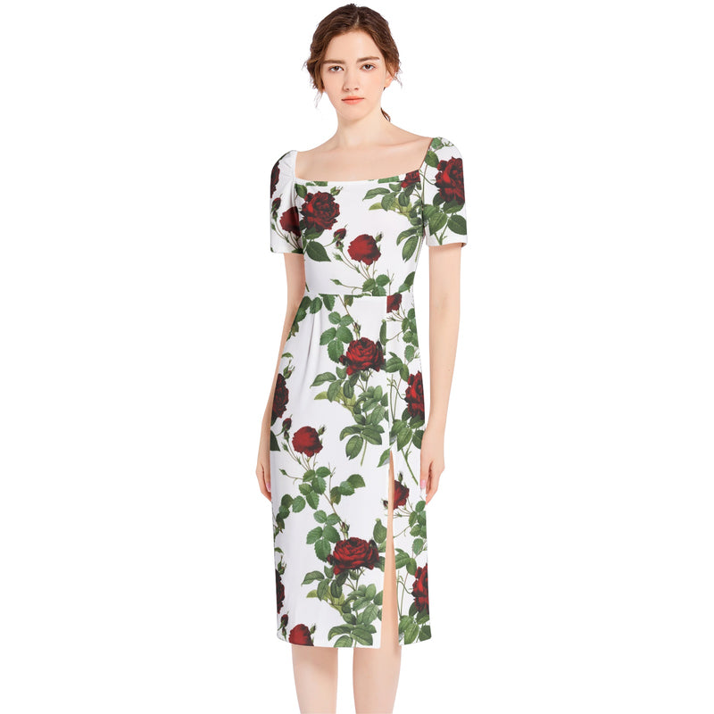 Rose Print Split Thigh Midi Bodycon Dress - Objet D'Art