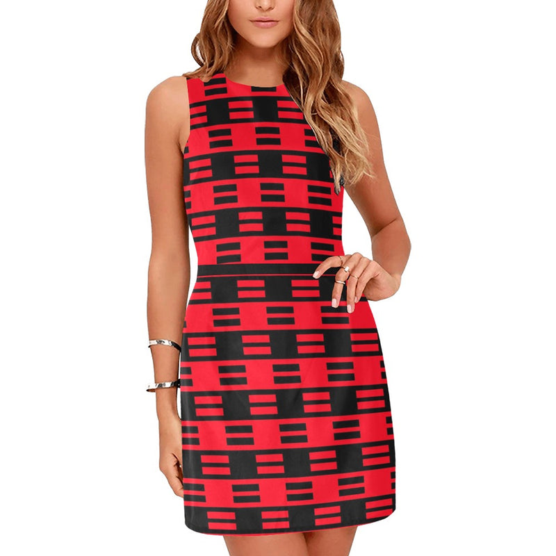 red black dashes print 2A Eos Women's Sleeveless Dress (Model D01) - Objet D'Art
