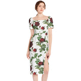 Rose Print Split Thigh Midi Bodycon Dress - Objet D'Art