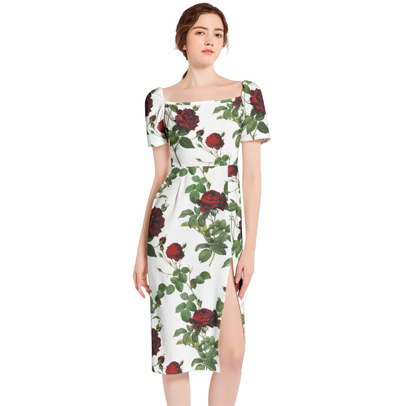 Rose Print Split Thigh Midi Bodycon Dress - Objet D'Art