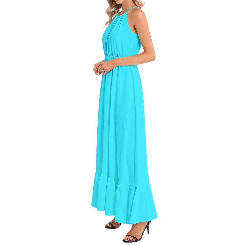 Electric Blue Ruffle Hem Halter Neck Maxi Dress - Objet D'Art