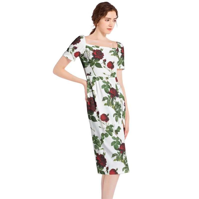 Rose Print Split Thigh Midi Bodycon Dress - Objet D'Art