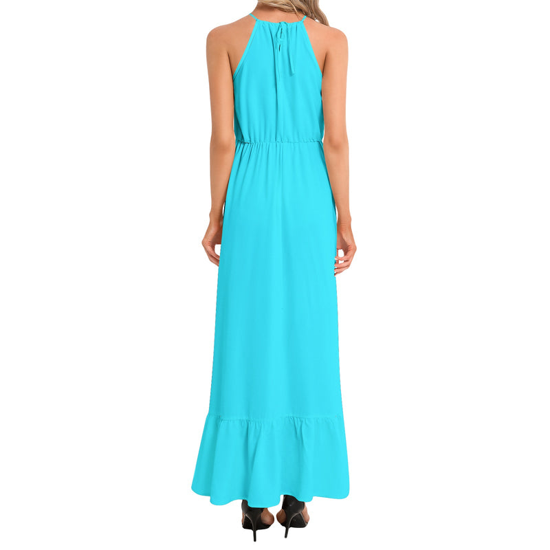 Electric Blue Ruffle Hem Halter Neck Maxi Dress - Objet D'Art