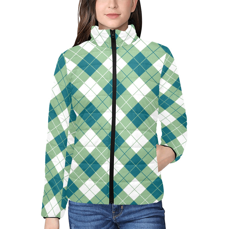 Harbor Blue and Basil Argyle Women's Stand Collar Padded Jacket - Objet D'Art