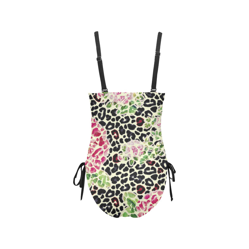 leopard rose print 2 Drawstring Side One-Piece Swimsuit (Model S14) - Objet D'Art