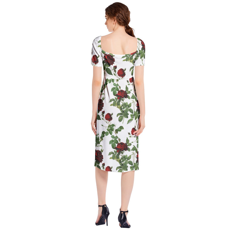 Rose Print Split Thigh Midi Bodycon Dress - Objet D'Art