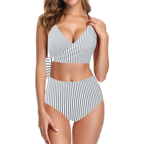 white dark blue striped print 2 Knot Side Bikini Swimsuit (Model S37) - Objet D'Art
