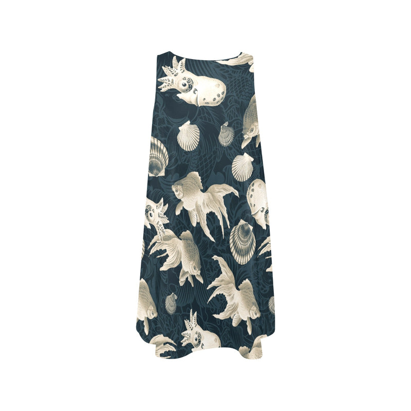 aqua world print 10 Sleeveless A-Line Pocket Dress (Model D57) - Objet D'Art