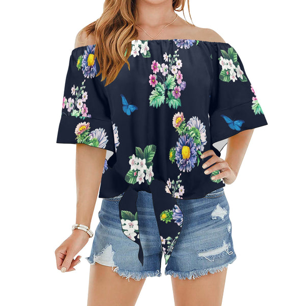 floral print butterfly 4 Off Shoulder Knot Front Blouse (Model T71) - Objet D'Art