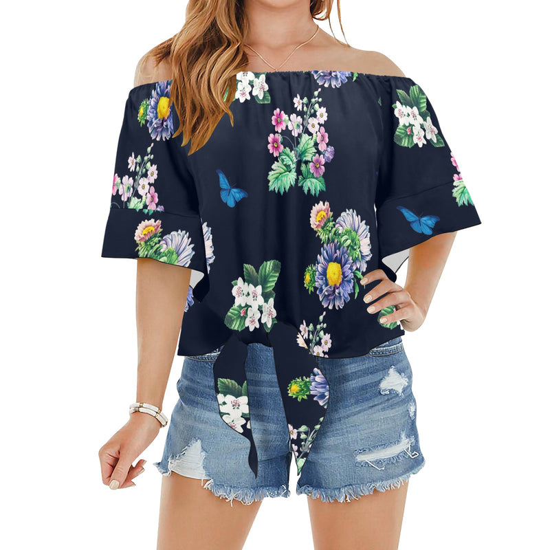 floral print butterfly 4 Off Shoulder Knot Front Blouse (Model T71) - Objet D'Art