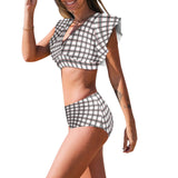 grid red gray print 2 Women's Ruffle Sleeve Bikini Swimsuit (Model S42) - Objet D'Art