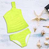 neon green greek key print Women's One Shoulder Backless Swimsuit (Model S44) - Objet D'Art
