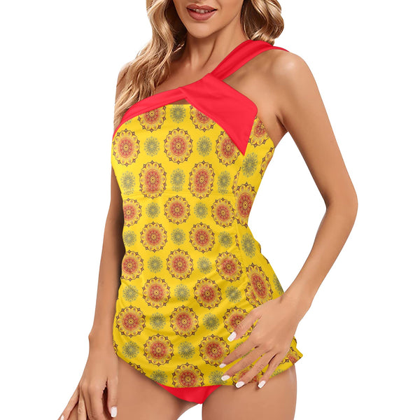 scarlet flame print 2 Women's One Shoulder Backless Swimsuit (Model S44) - Objet D'Art