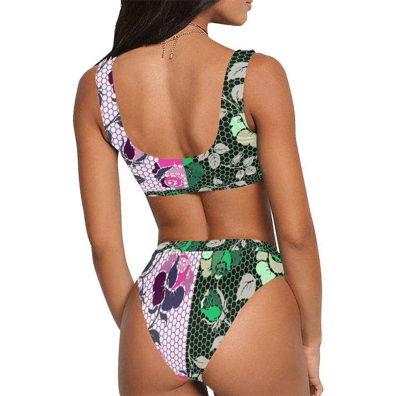 green rose print 2 Sport Top & High-Waisted Bikini Swimsuit (Model S07) - Objet D'Art