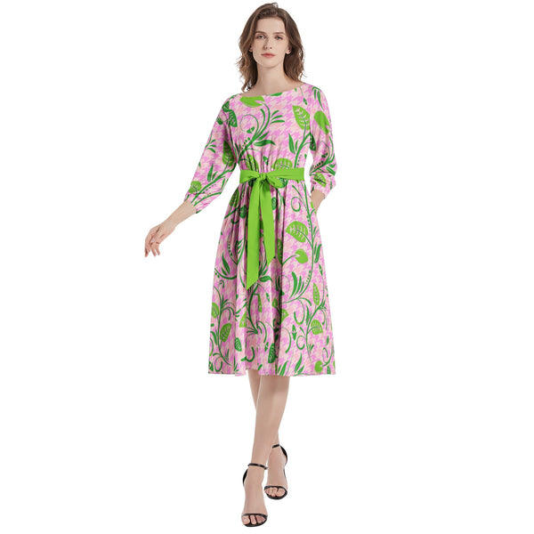 Boat Neck Belted Flared Dress - Objet D'Art