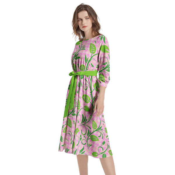Boat Neck Belted Flared Dress - Objet D'Art