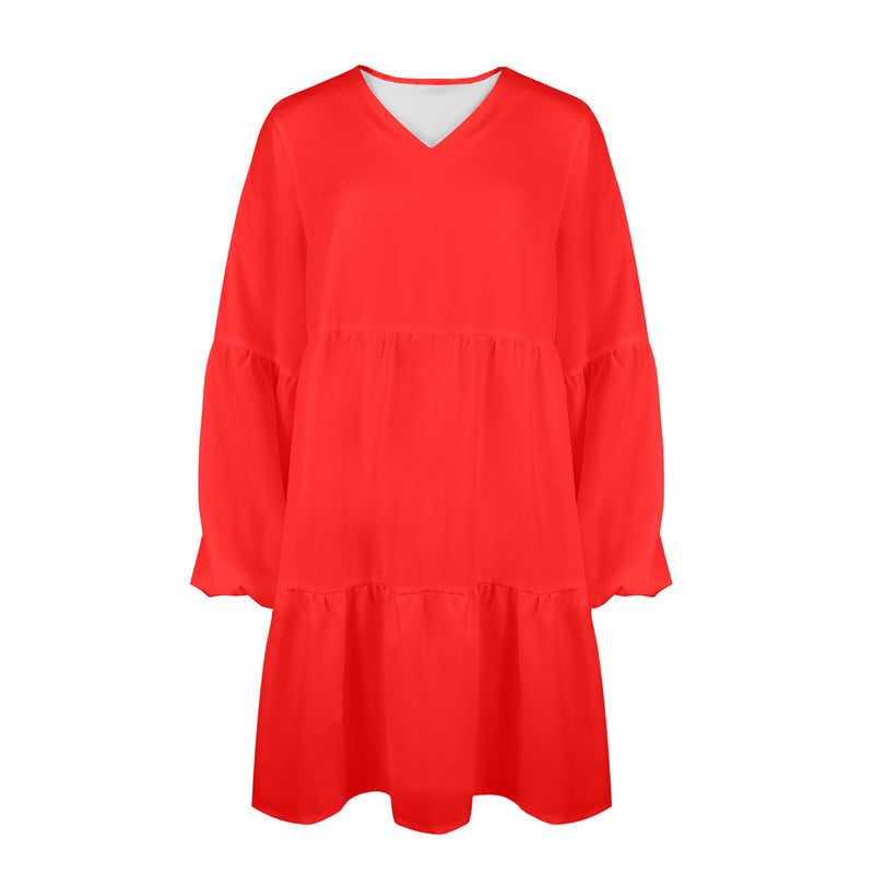 pure red print V-Neck Loose Fit Dress (Model D66) - Objet D'Art