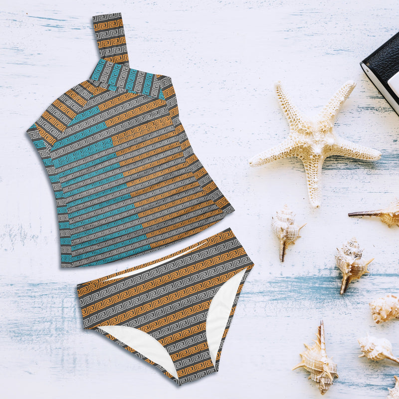 blue gray greek key print Women's One Shoulder Backless Swimsuit (Model S44) - Objet D'Art