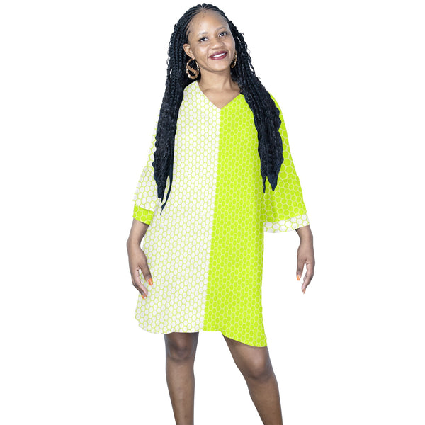 white on neon green hex print Half Sleeves V-Neck Mini Dress (Model D63) - Objet D'Art