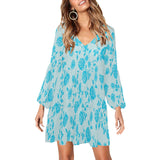 light blue greek key and medium blue roses print 2 V-Neck Loose Fit Dress (Model D62) - Objet D'Art