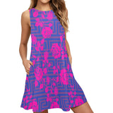 blue mauve greek key fuchsia rose print 4 Sleeveless A-Line Pocket Dress (Model D57) - Objet D'Art