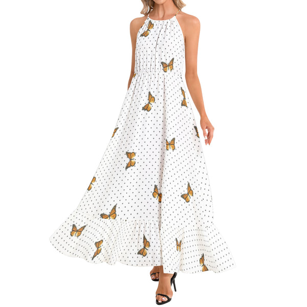 Monarch Butterfly and Polka Dot Print Ruffle Hem Halter Neck Maxi Dress - Objet D'Art