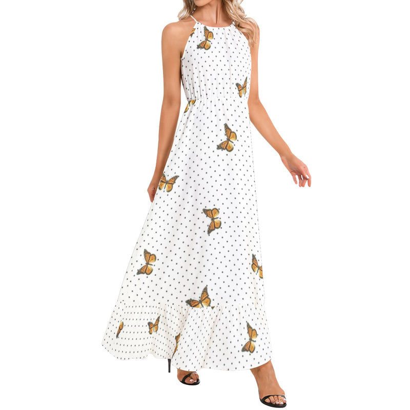 Monarch Butterfly and Polka Dot Print Ruffle Hem Halter Neck Maxi Dress - Objet D'Art