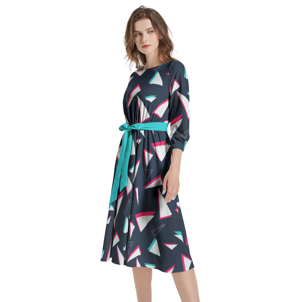 Boat Neck Belted Flared Dress - Objet D'Art
