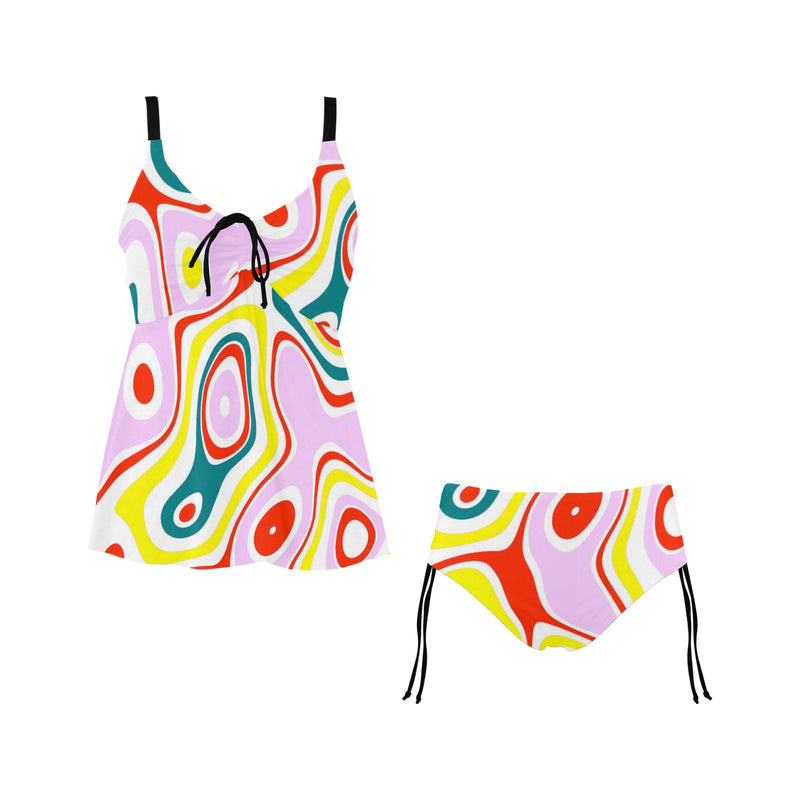 colored splat print 2 Chest Drawstring Swim Dress (Model S30) - Objet D'Art