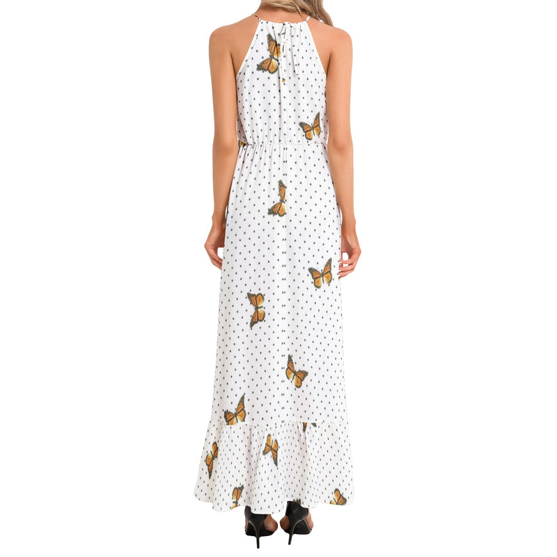 Monarch Butterfly and Polka Dot Print Ruffle Hem Halter Neck Maxi Dress - Objet D'Art